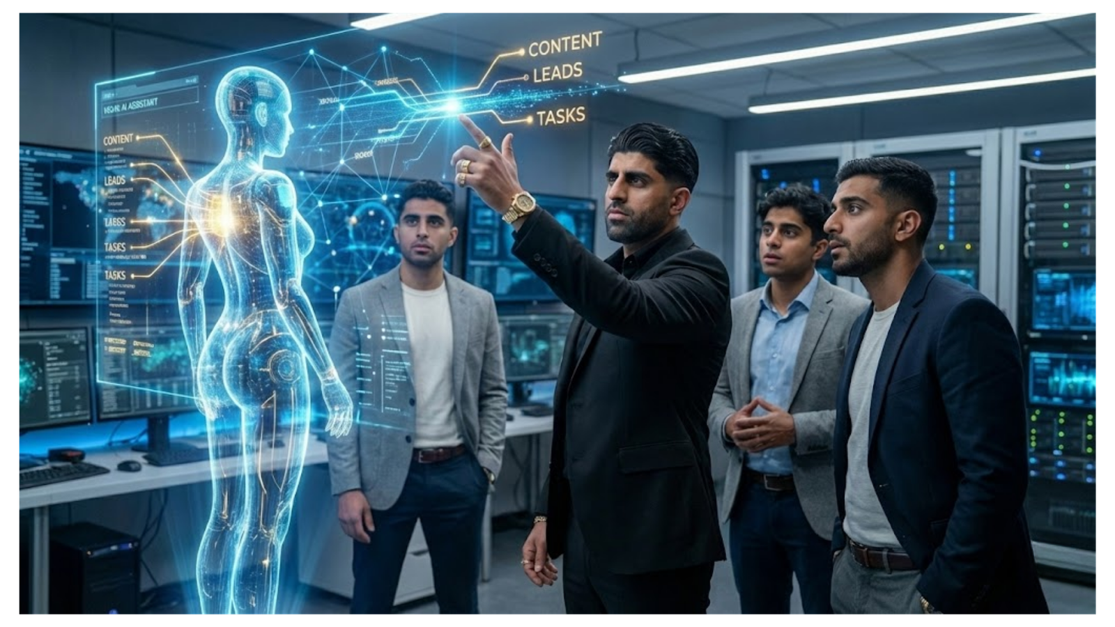 Entrepreneur guiding AI hologram with team in server room