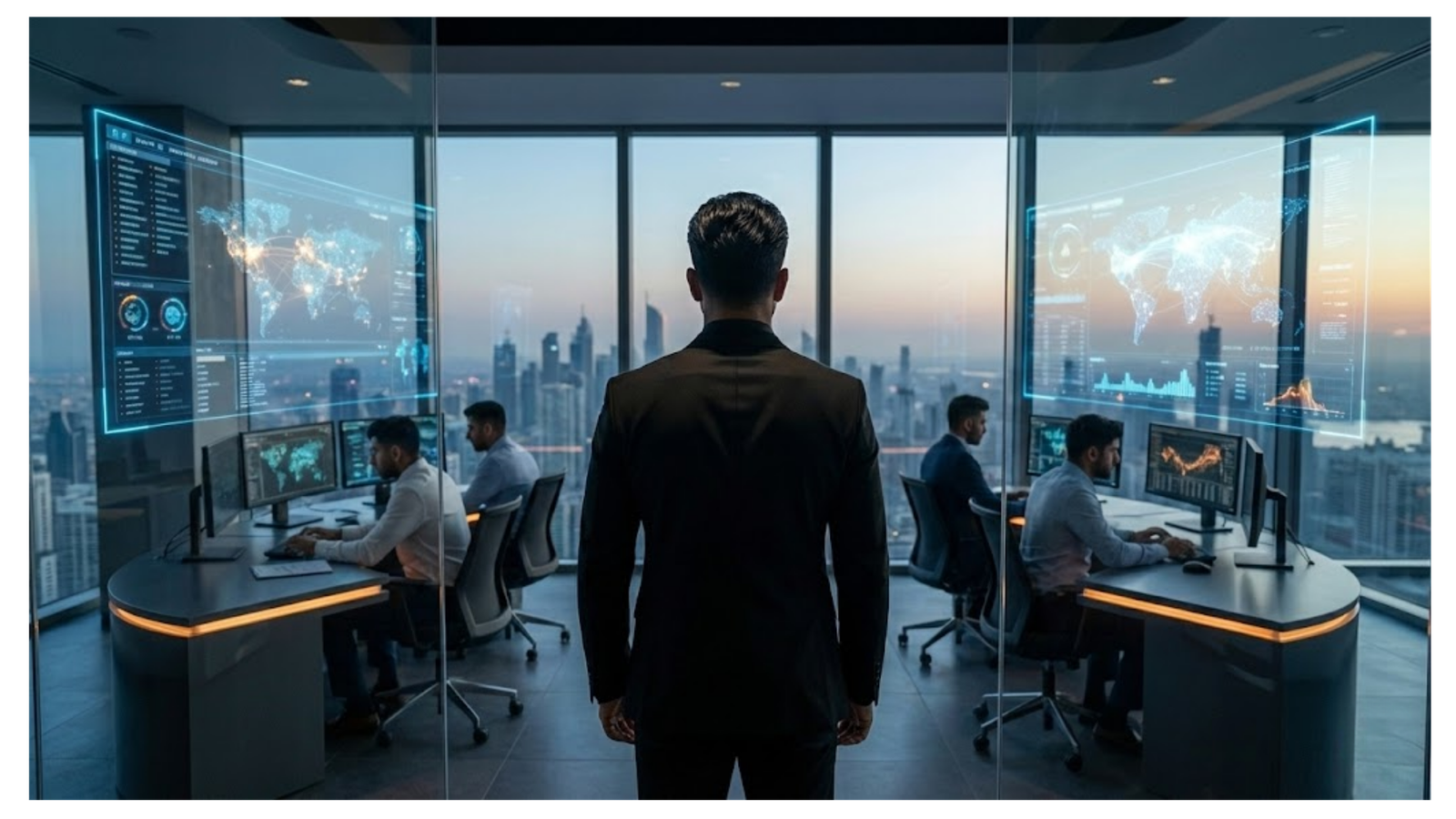 Entrepreneur overseeing tech team in futuristic skyline office