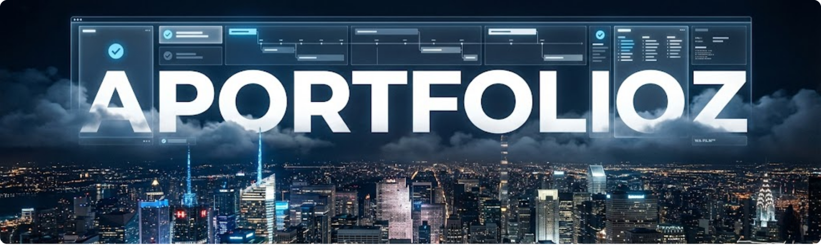 WA FILM™ cinematic portfolio banner met skyline en futuristische HUD-interface