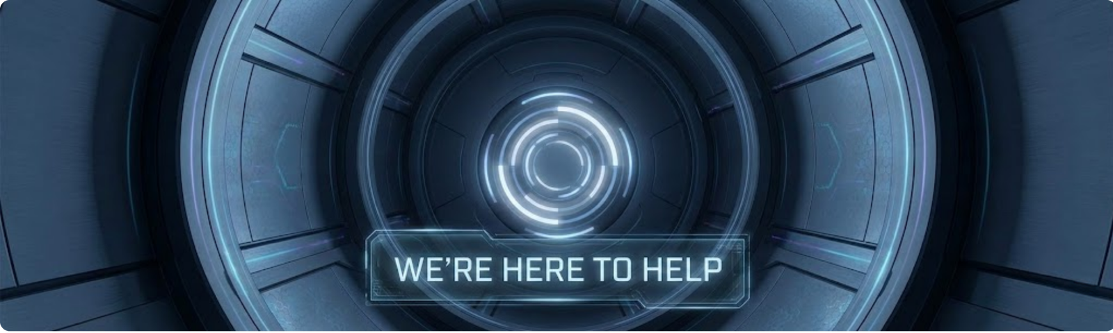 Futuristic sci-fi help center interface with glowing blue portal and ‘We’re Here to Help’ overlay