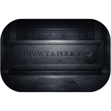Cinematic black stone plaque with “Privacy & Policy” engraved, shield icon beside text