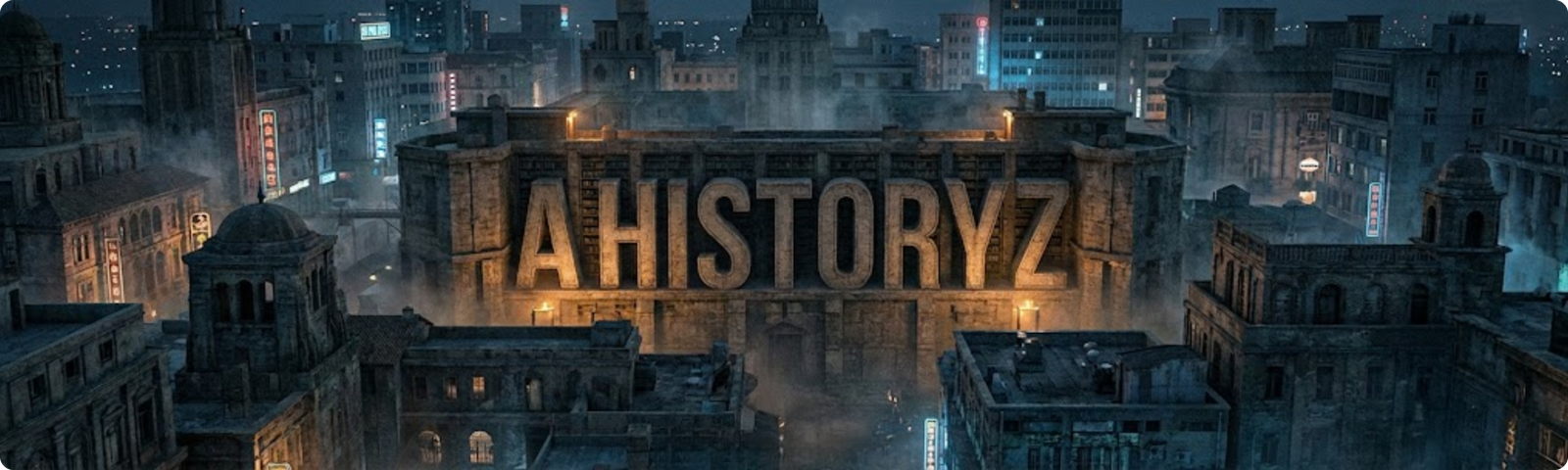 Dark cinematic cityscape with glowing ‘AHISTORYZ’ sign engraved into a fortress-like building