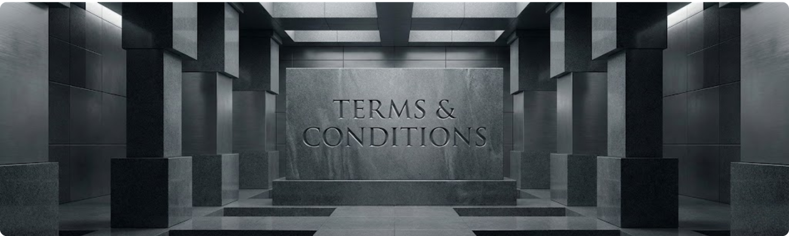 Dark stone plaque with “Terms & Conditions” engraved, cinematic lighting