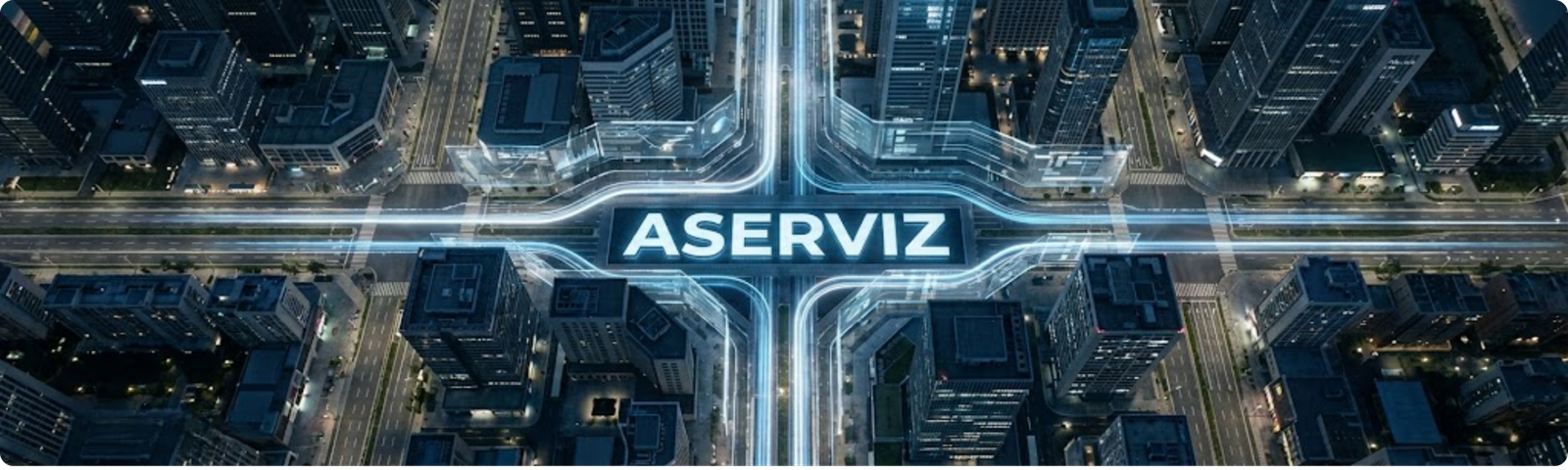 ASERVIZ banner featuring four services in purple style — web design, video, content, and marketing strategy.