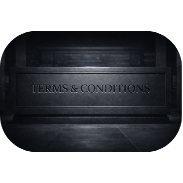 Dark stone plaque with “Terms & Conditions” engraved, cinematic lighting
