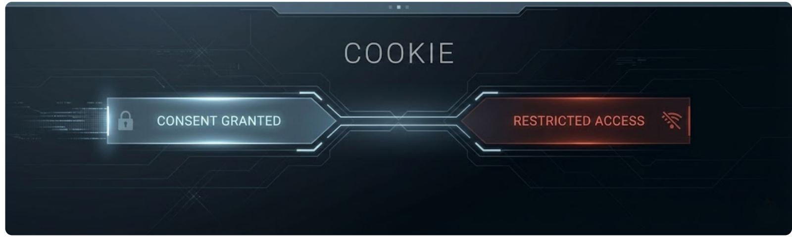 Futuristic cookie consent interface with “Consent Granted” and “Restricted Access” buttons