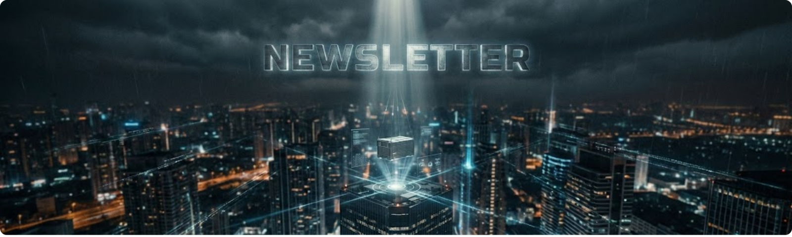 Futuristic newsletter banner with digital cube projecting from skyscraper in rainy night city