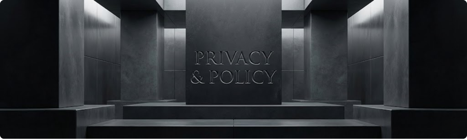 Cinematic black stone plaque with “Privacy & Policy” engraved, shield icon beside text