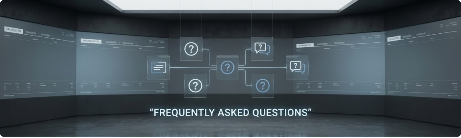 FAQ banner with digital interface and question icons on a curved wall