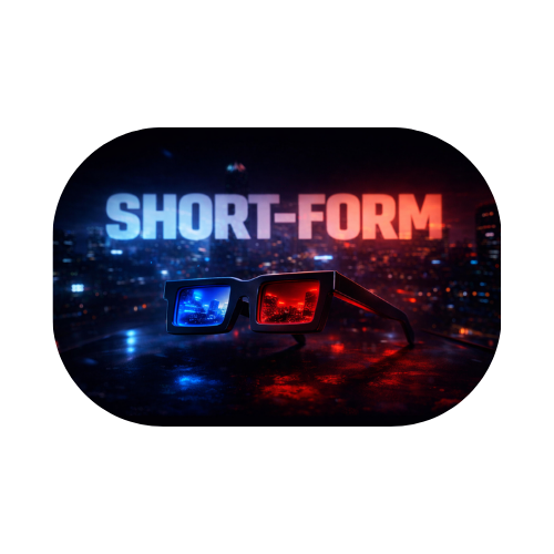 SHORT FORM™ cinematic visual with red and blue 3D glasses symbolizing speed, precision, and AI-executed content by Wersin Aziz.