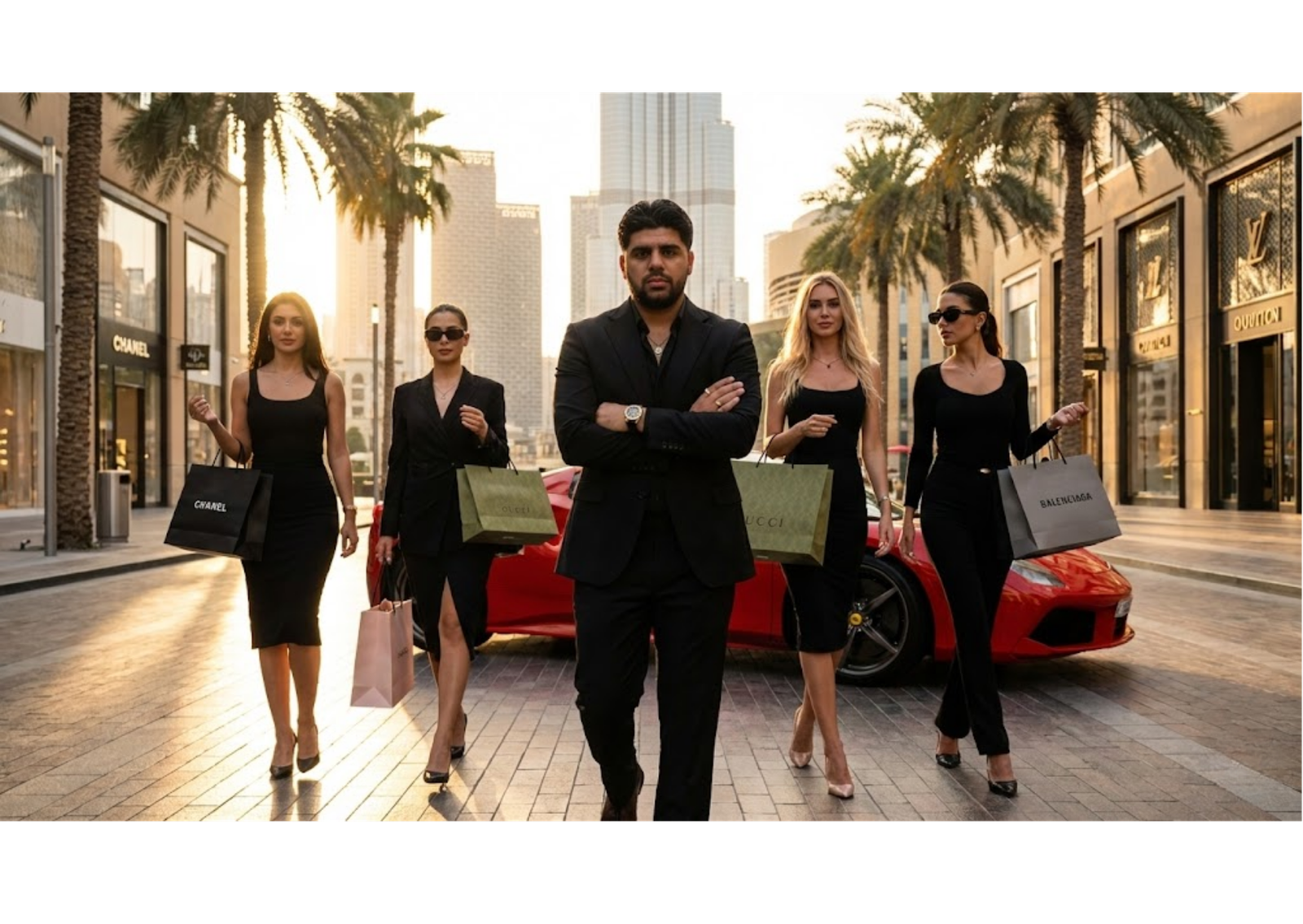 Stylishly dressed group walking confidently.