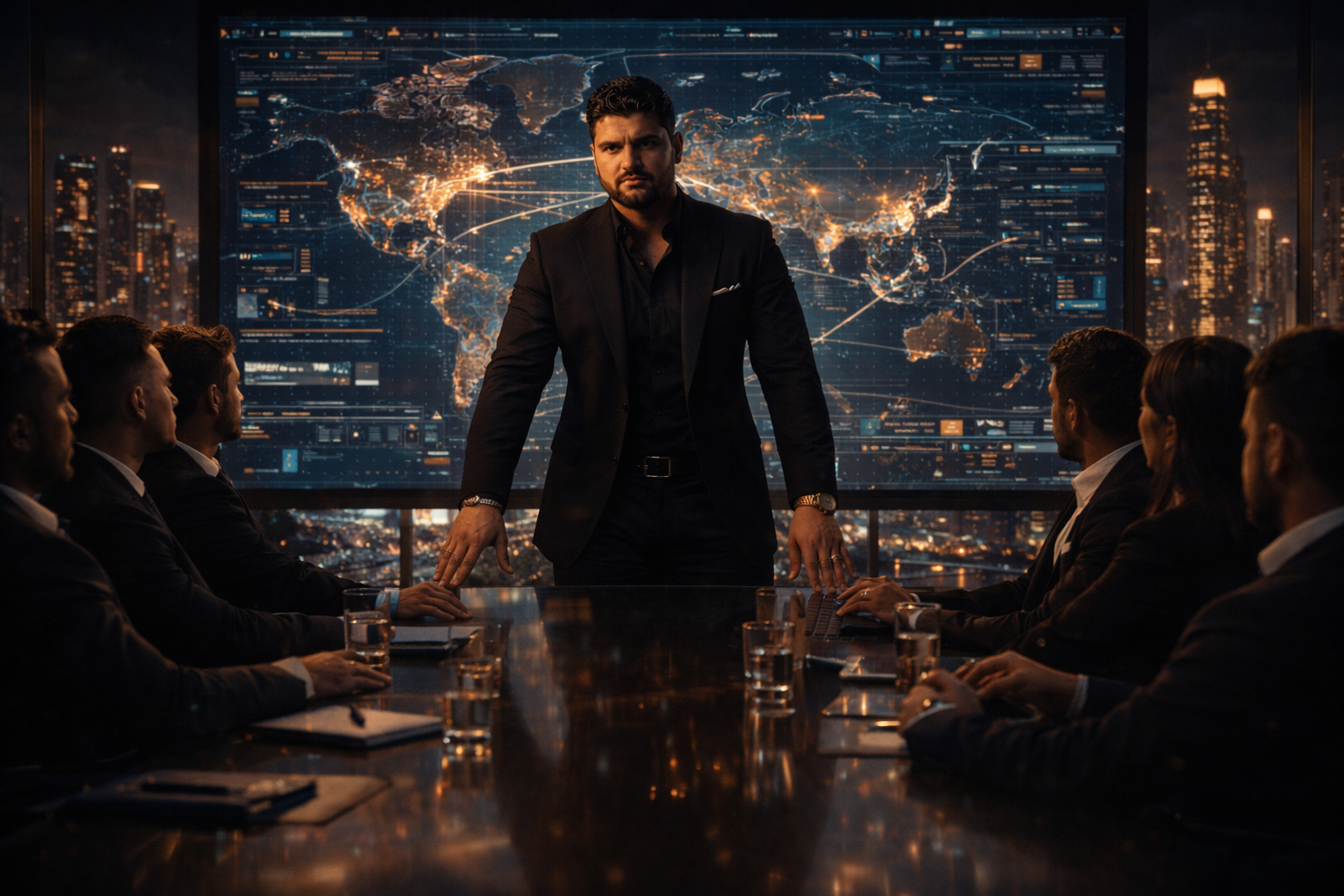 Entrepreneur leading a strategic boardroom meeting inside a glass skyscraper overlooking a global city, symbolizing leadership, influence, and long-term legacy building.