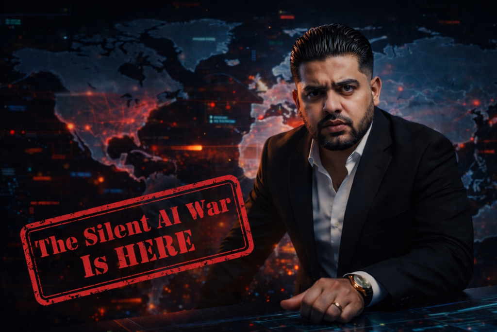 Cinematic AI war concept showing a strategist analyzing global digital network, representing hidden systems of money power and artificial intelligence control