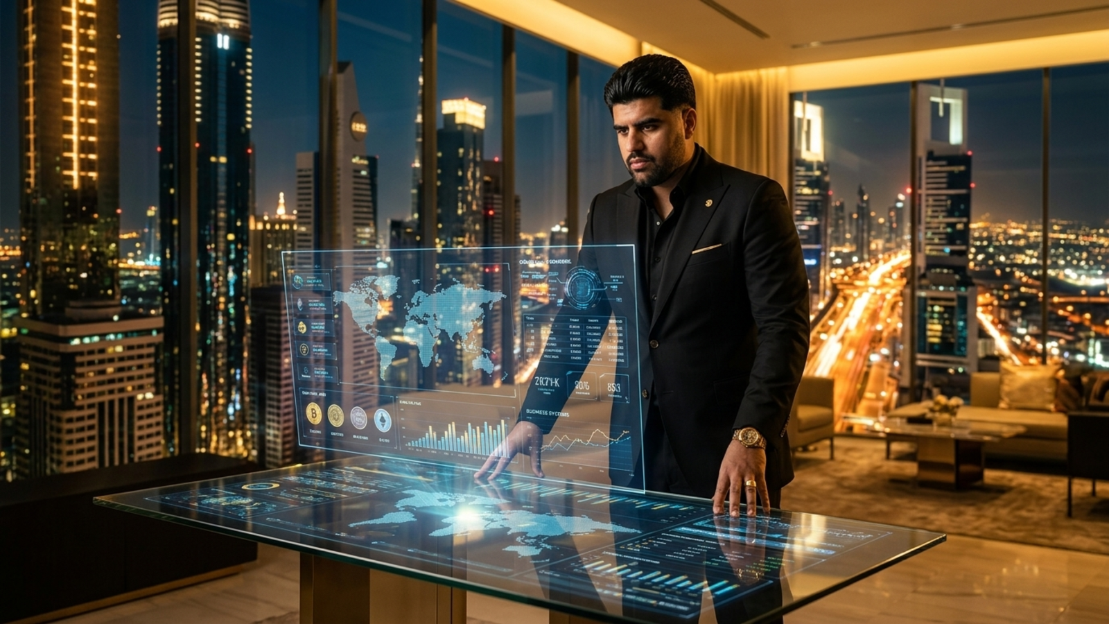 Entrepreneur analyzing digital assets and financial systems inside a luxury penthouse overlooking a global financial city at night.