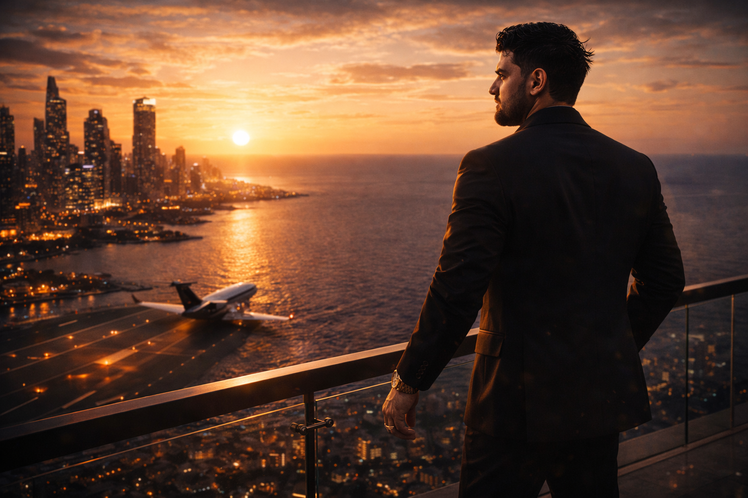Entrepreneur standing on a penthouse balcony overlooking the ocean and city skyline at sunset, symbolizing freedom, independence, and escaping the traditional work system.