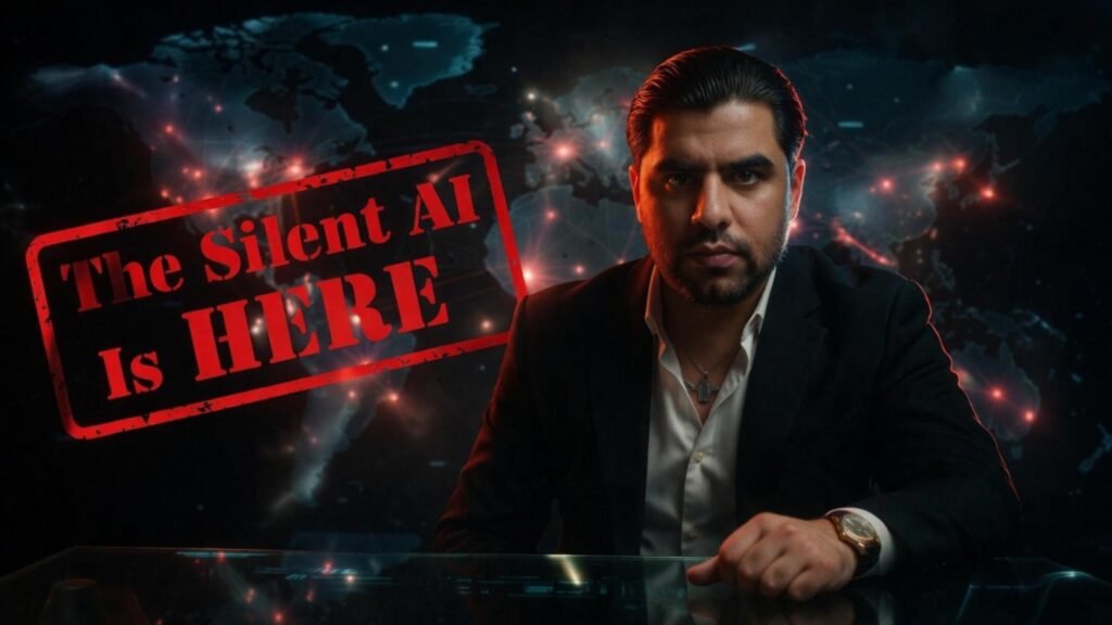 Cinematic AI war concept showing a strategist analyzing global digital network, representing hidden systems of money power and artificial intelligence control