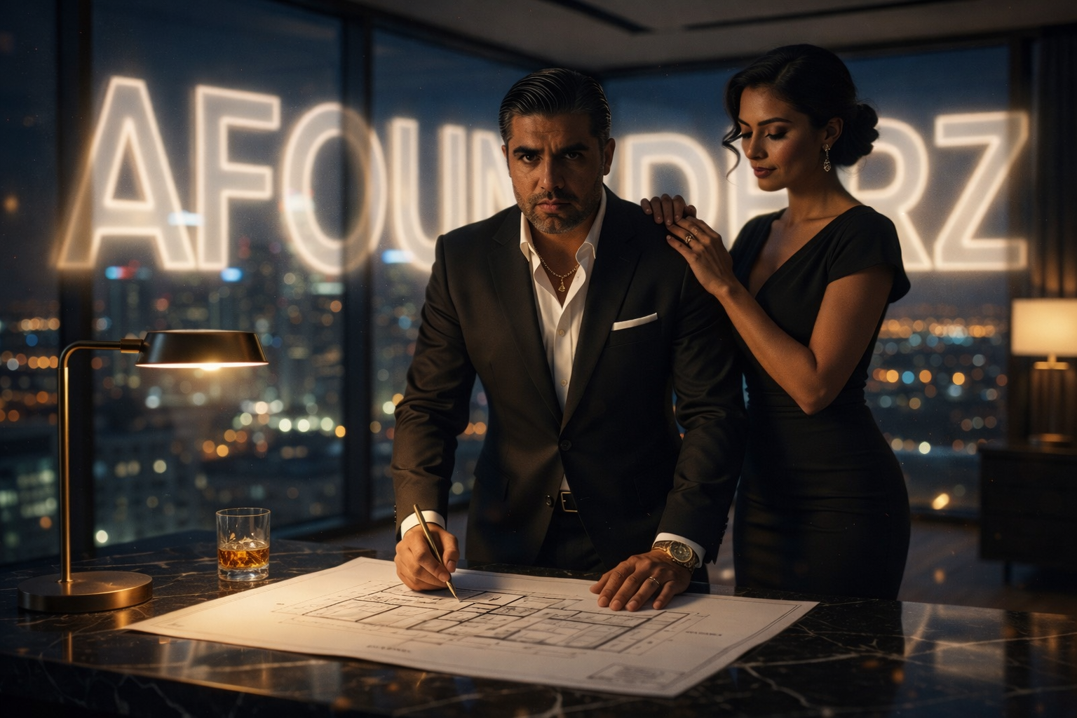 Entrepreneur building a strategic system foundation with blueprint planning and digital empire vision by Wersin Aziz