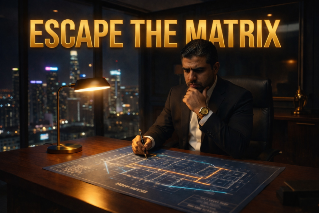 Entrepreneur analyzing system blueprint to escape digital and financial matrix through strategy and leverage