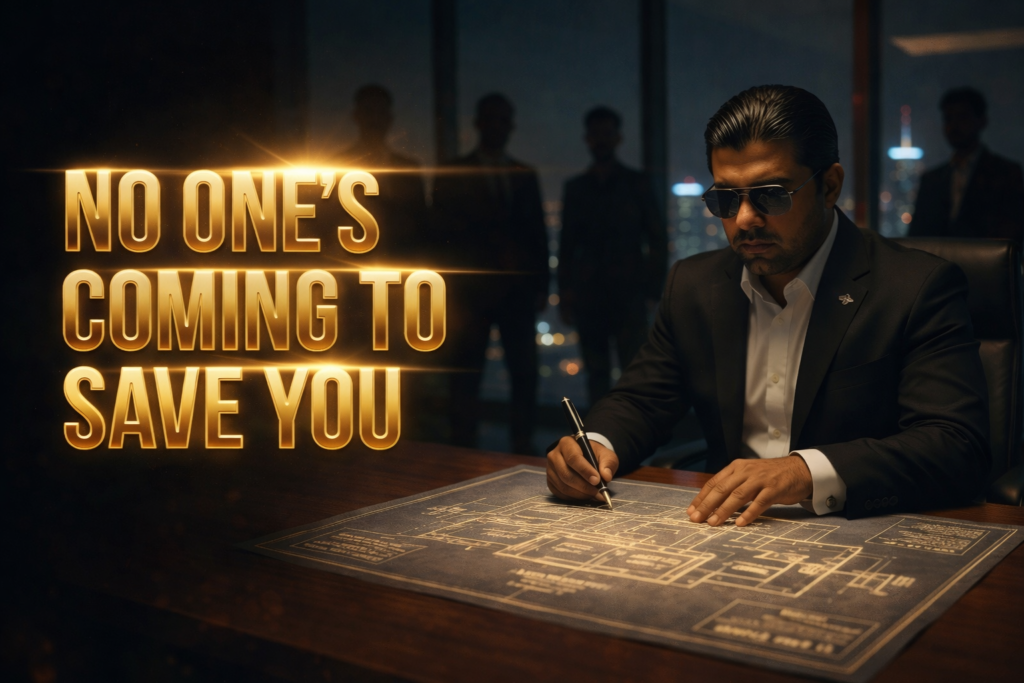 Entrepreneur working alone on system blueprint representing self responsibility and independent execution