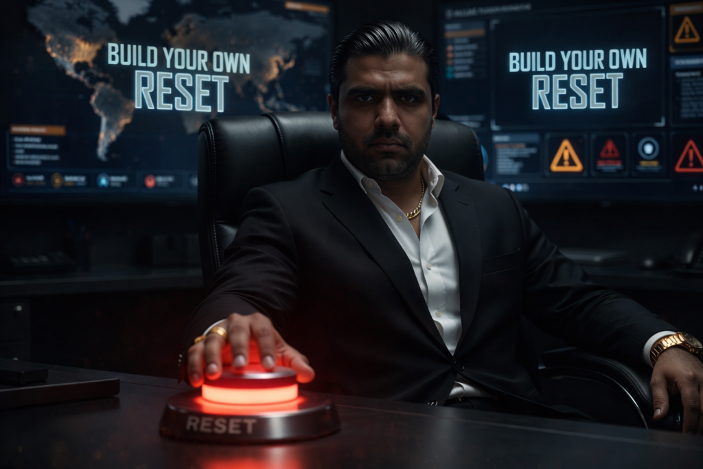 Entrepreneur pressing reset button to rebuild systems and take control over life and business direction