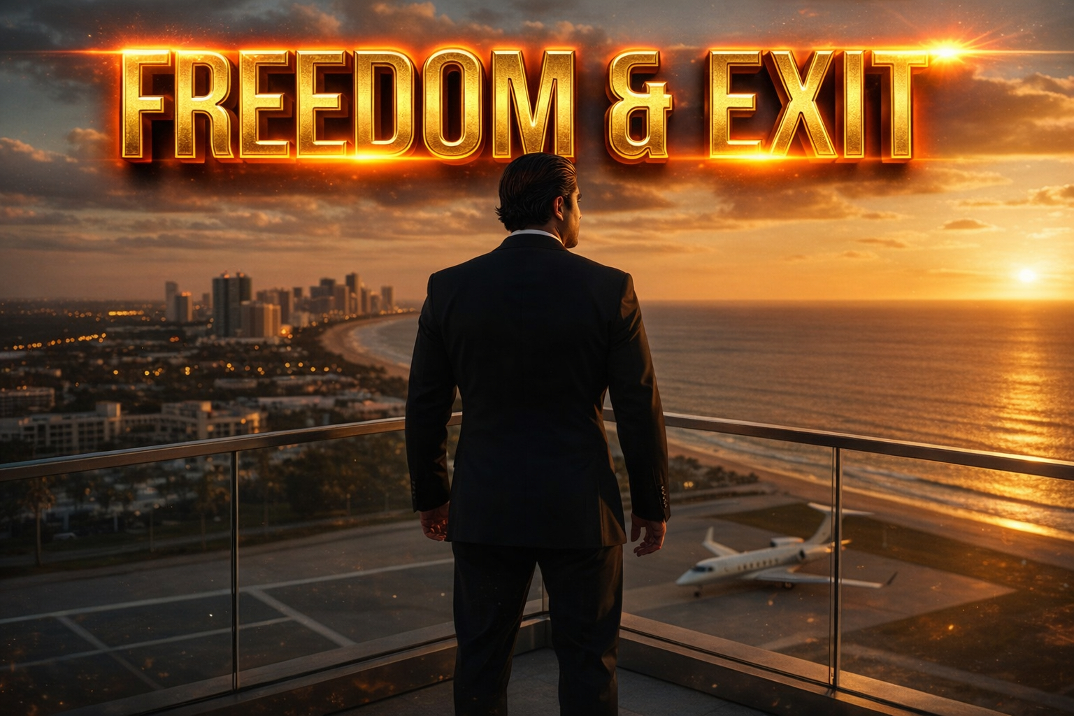 Entrepreneur overlooking city skyline representing freedom, time control, and exit strategy through system building by Wersin Aziz