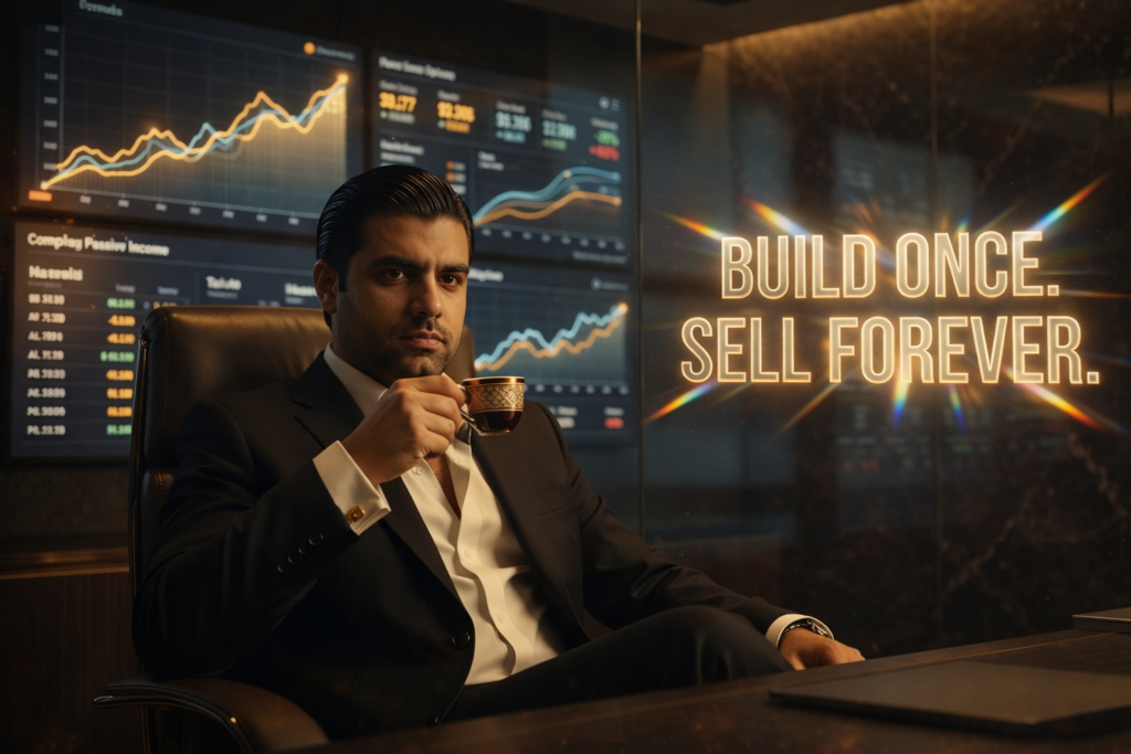 Entrepreneur reviewing financial charts representing passive income systems and scalable digital assets