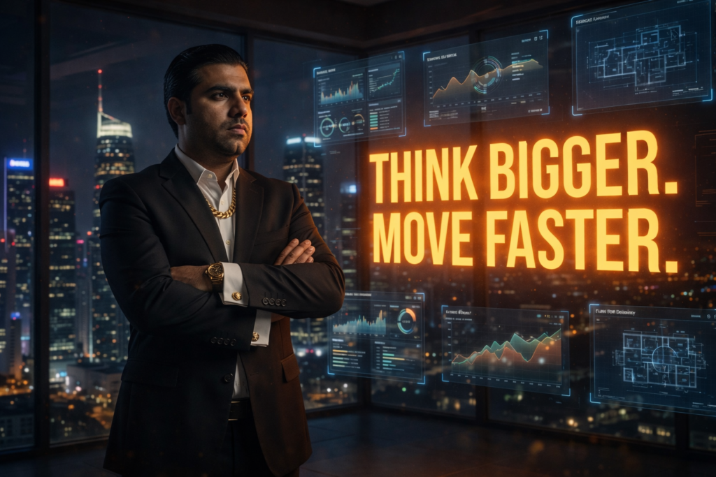 Entrepreneur analyzing data dashboards and scaling strategies to move faster and think bigger in business