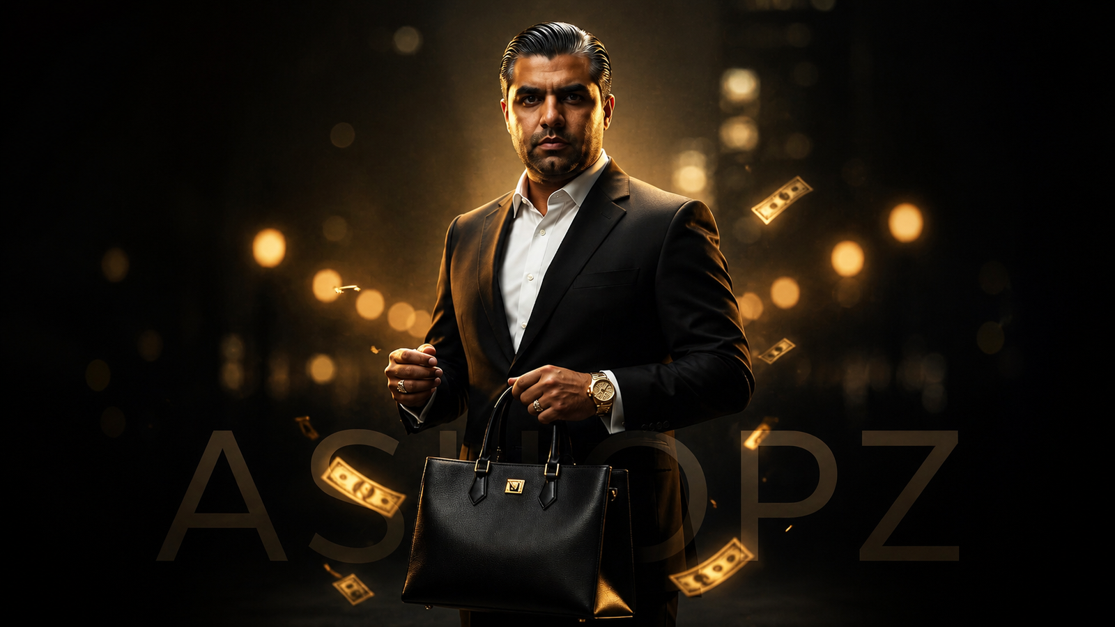 Cinematic store visual of Wersin Aziz holding a luxury bag with floating money symbols representing digital products, assets, and online income systems