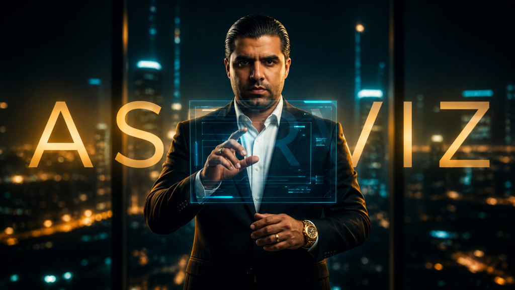 Cinematic services visual of Wersin Aziz interacting with a digital interface representing strategy, systems, and digital execution services