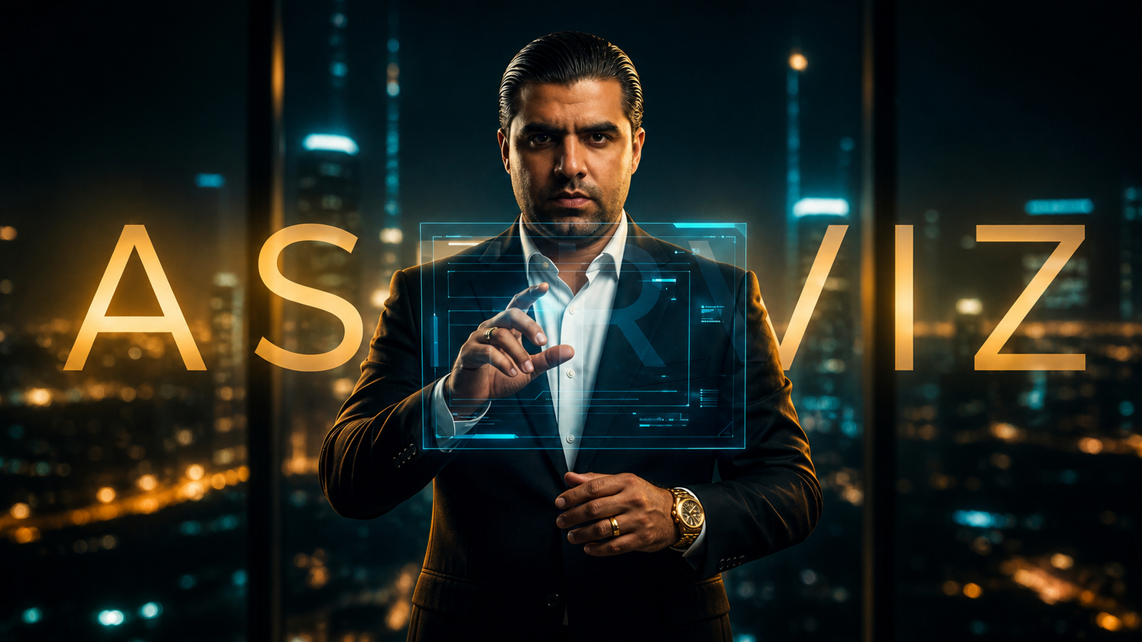 Cinematic services visual of Wersin Aziz interacting with a digital interface representing strategy, systems, and digital execution services