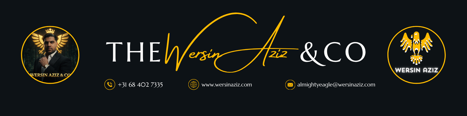 The Wersin Aziz & Co contact banner with logo, photo, contact info, and eagle icon in crystal frames.
