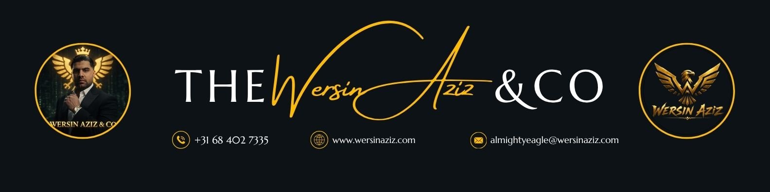 The Wersin Aziz & Co contact banner with logo, photo, contact info, and eagle icon in crystal frames.