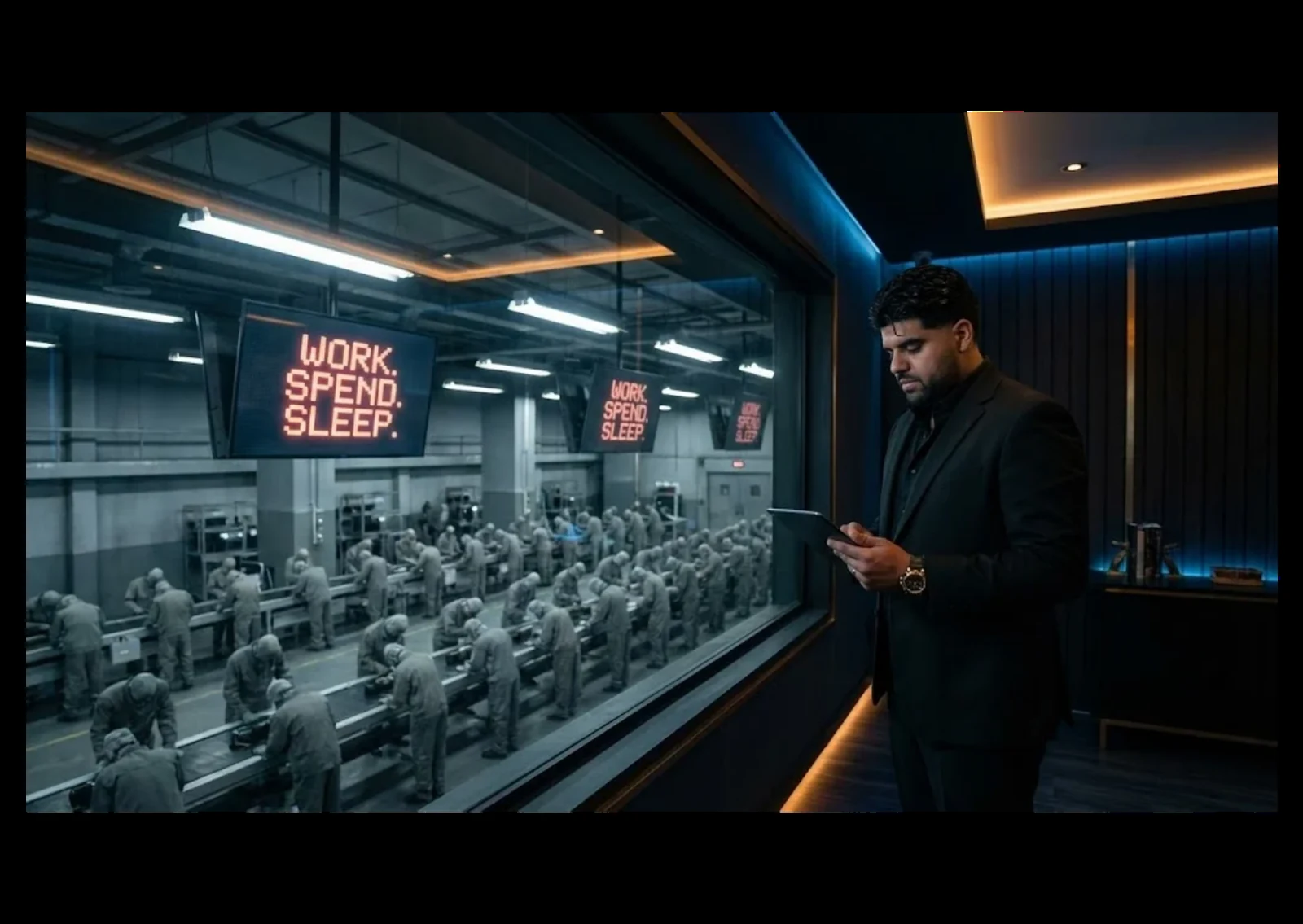 Man in suit observing factory workers under control banners