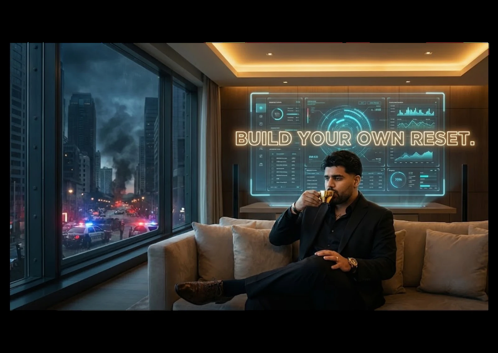 Man drinking espresso in high-tech apartment while riots unfold outside