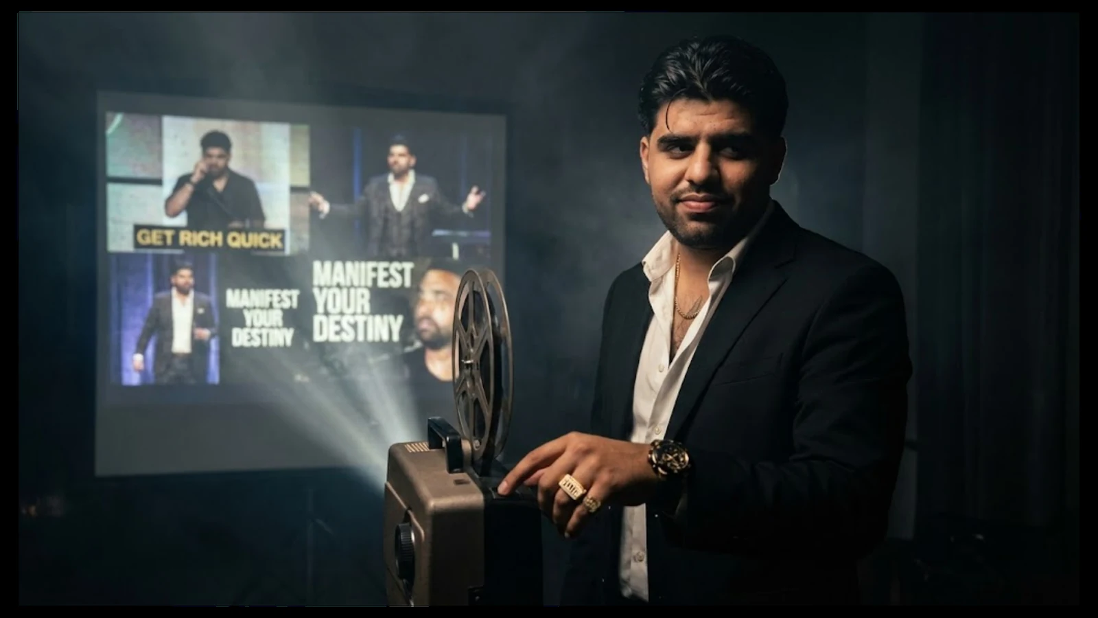 Man projecting fake guru speeches on screen, exposing illusion
