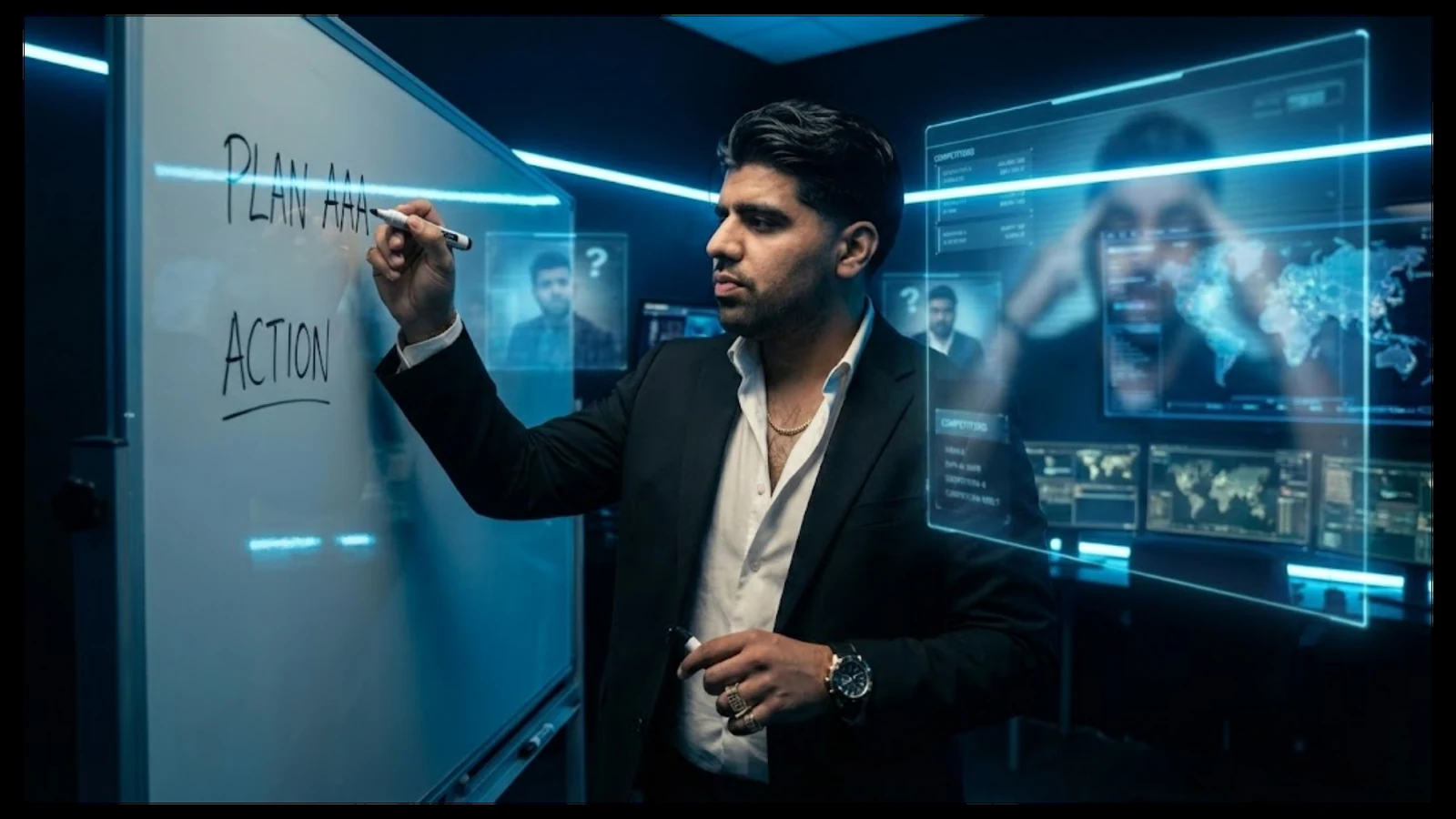 Man writing execution plan on whiteboard with digital screens behind