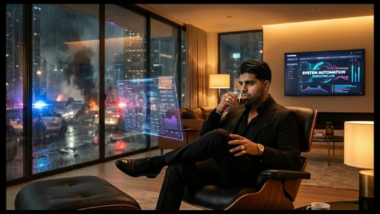 Man sitting in luxury office with digital system dashboards and city chaos outside