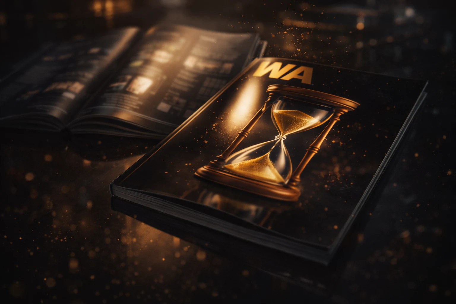 Luxury digital magazine concept with hourglass symbol representing time, power, and strategic knowledge by Wersin Aziz